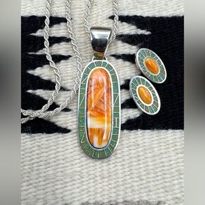 Carolyn Pollack Southwest Spiny Oyster Turquoise Inlay Necklace Earrings Set